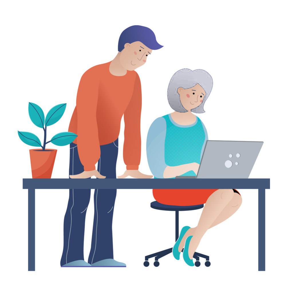 Illustration of a friendly IT support engineer helping a woman at her laptop